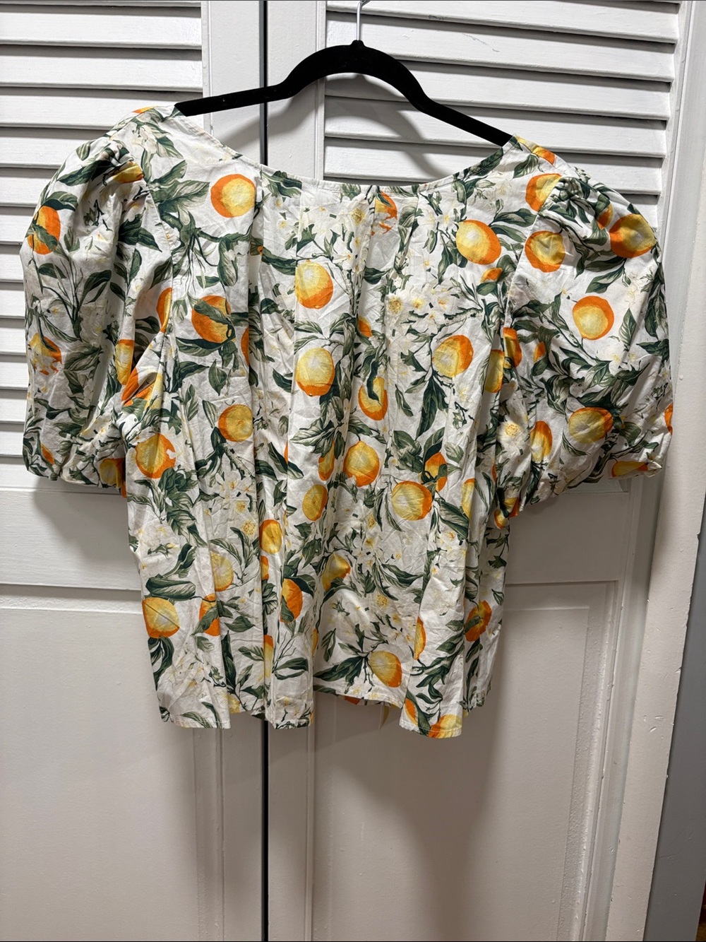 Anthropologie White Lemon-Print Puff Sleeve Blouse